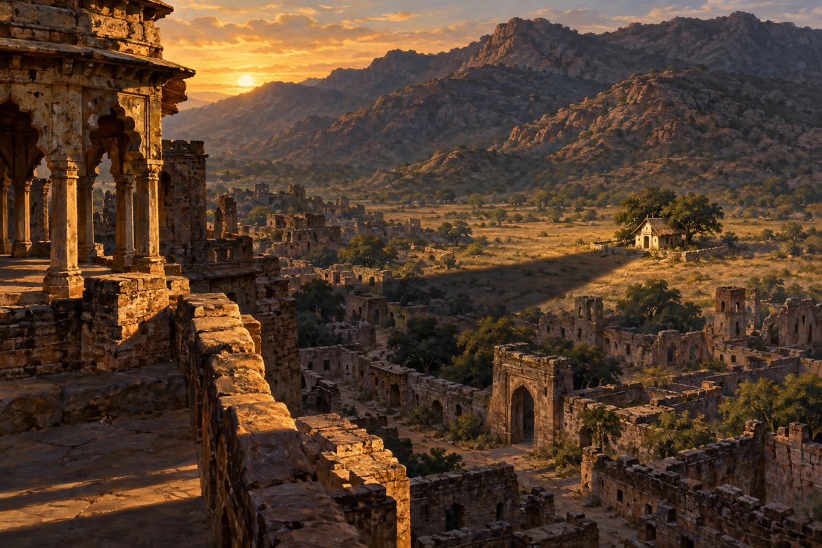 Rajasthan's ruined fort-town architecture beneath the Aravalli hills.