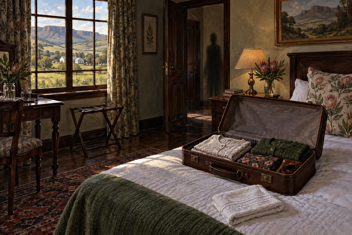 Quiet South African country-hotel room with an open suitcase neatly arranged and a folded white facecloth on the bed.