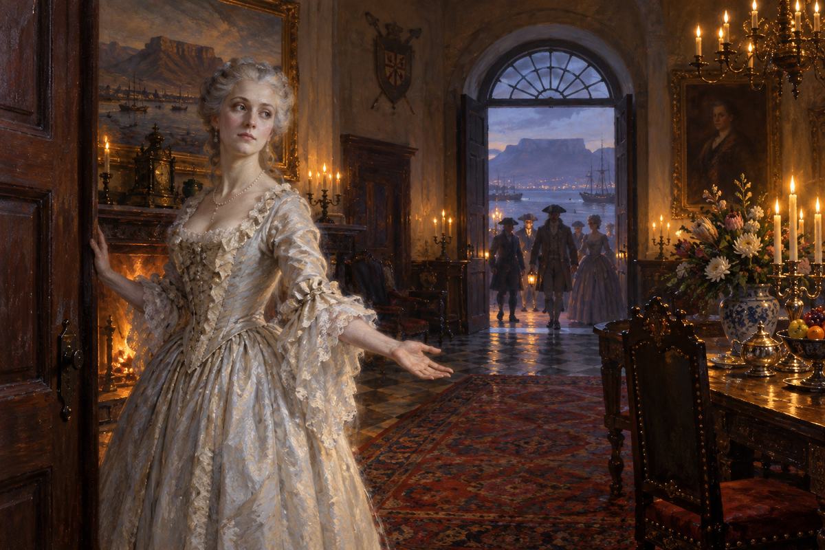 A pale eighteenth-century hostess near the doorway of a formal Cape Town castle reception room.