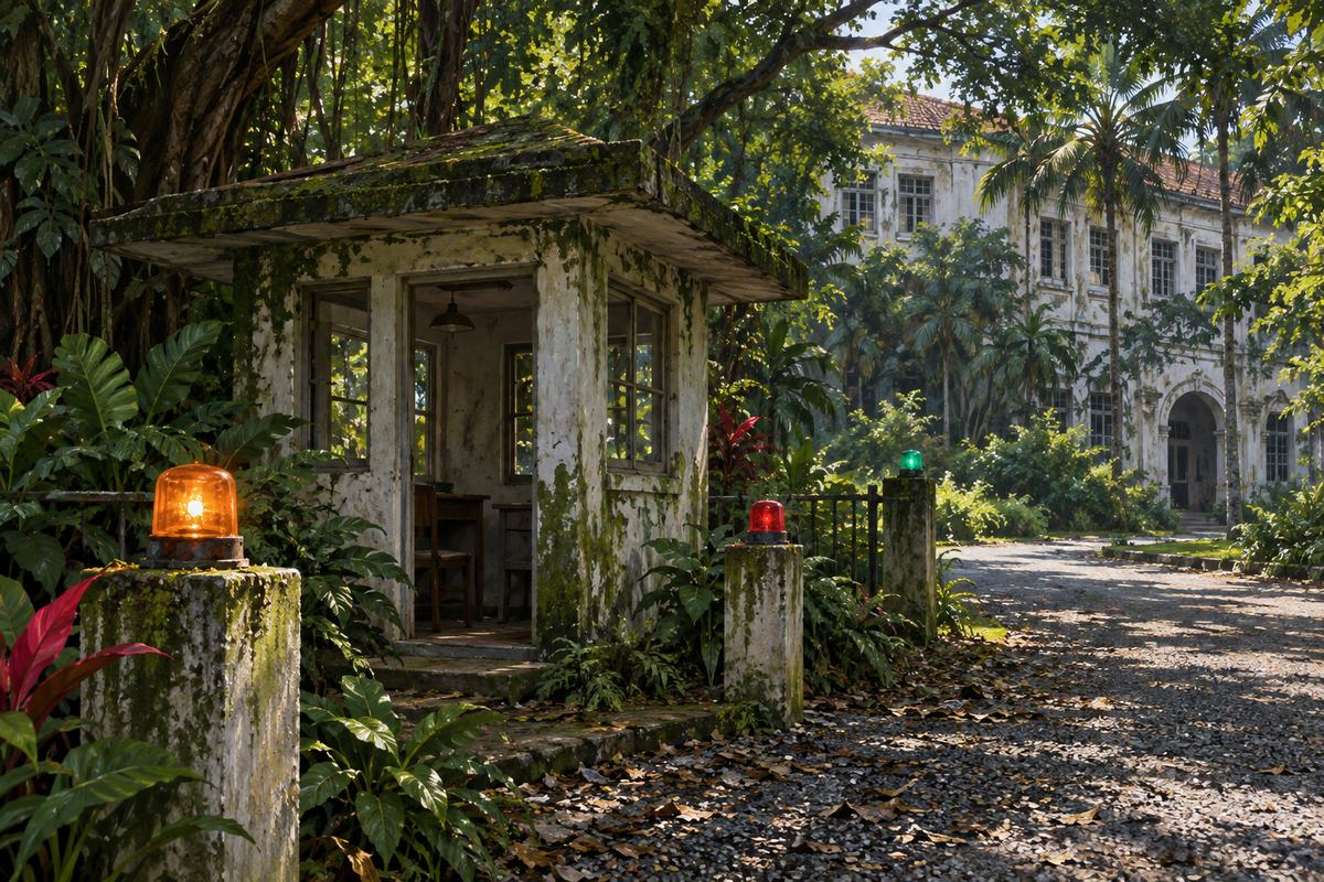 Small empty tropical guardhouse outside an old Singapore hospital.