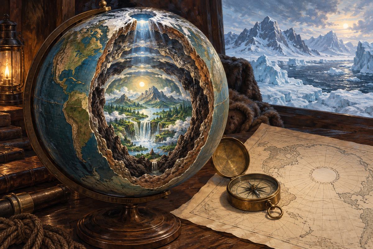A cutaway globe imagines the concentric worlds and polar opening proposed by John Cleves Symmes Jr.