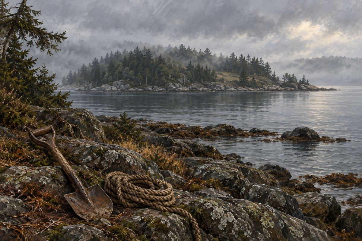 An imagined wooded Nova Scotia island, with an old shovel and rope on the rocky shore.