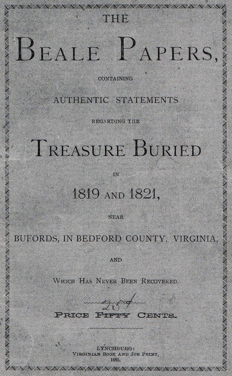 The cover of The Beale Papers, published in 1885. The booklet is a surviving source for the cipher story; its existence does not establish the treasure.