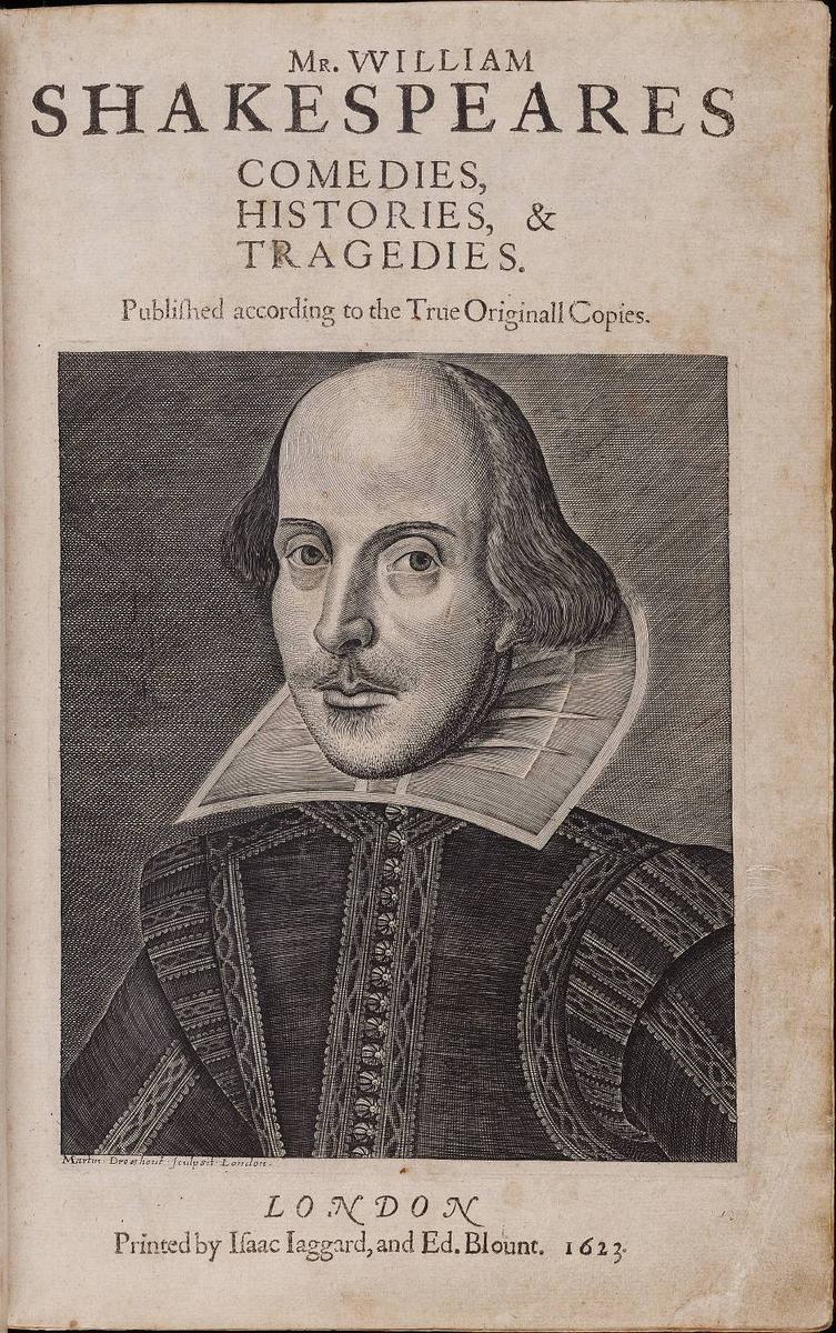 The title page of Shakespeare’s First Folio (1623), with Martin Droeshout’s engraved portrait.