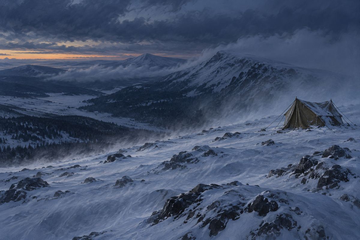 An imagined canvas expedition tent on a wind-scoured Ural slope at blue hour; a painterly illustration of the Dyatlov Pass setting.