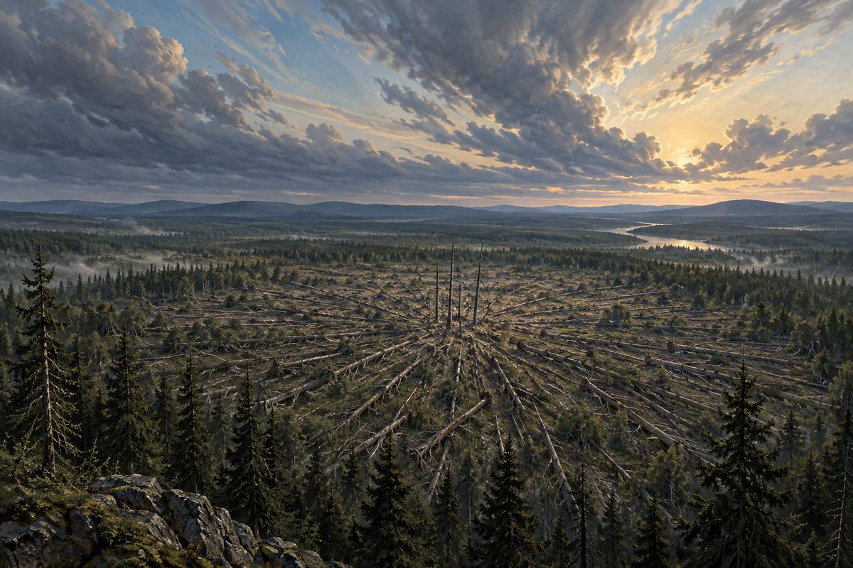Radiating fallen Siberian trees beneath an enormous empty sky, aftermath of an immense distant explosion.
