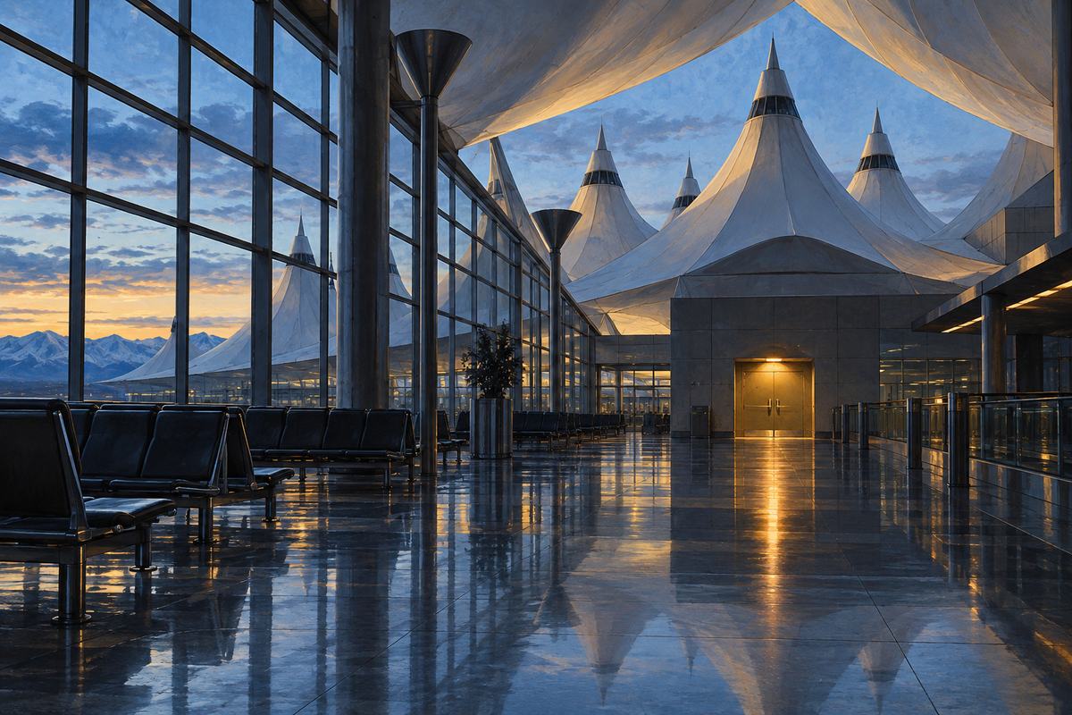 An empty modern airport concourse with a distant closed service door beneath stylized white tented roof peaks.