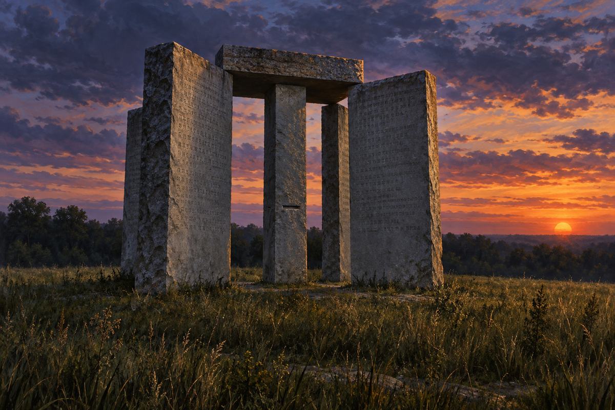 The Georgia Guidestones imagined in a quiet field before their destruction.
