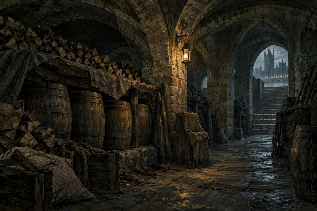 An imagined lantern-lit cellar with barrels concealed beneath firewood, illustrating the Gunpowder Plot.