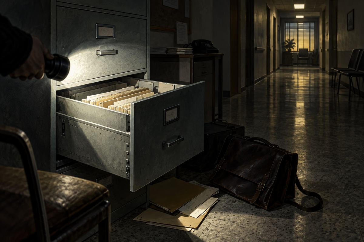 An open 1971 office filing cabinet under a flashlight beam, empty institutional hallway beyond.