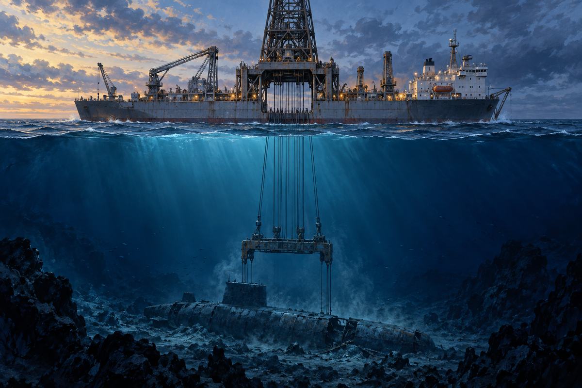 A conceptual view of Project Azorian: a ship lowers lifting equipment toward a submarine on the ocean floor.