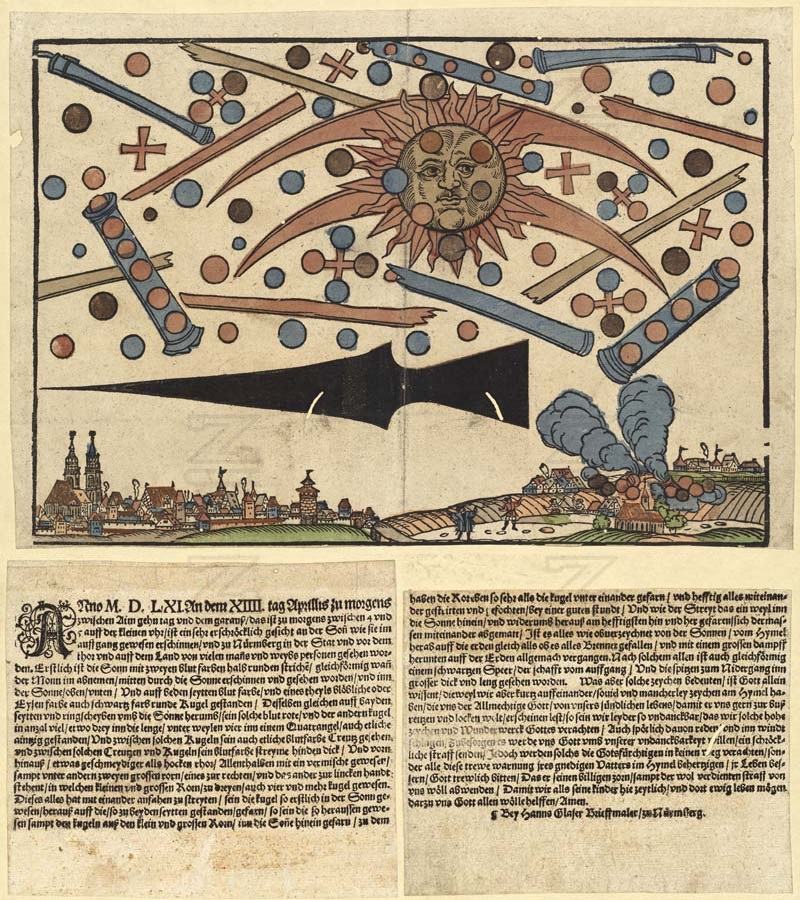 Hans Glaser’s 1561 broadsheet describing the Nuremberg sky spectacle. Its imagery belongs to the original printed account.