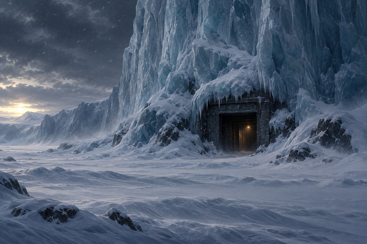 An imagined small dark bunker entrance half concealed beneath an immense Antarctic ice cliff.