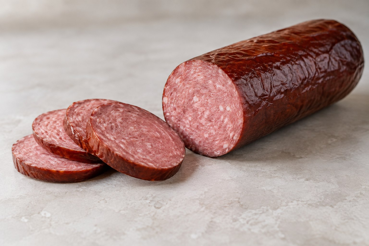 One smoked sausage and several rounds on a plain board.